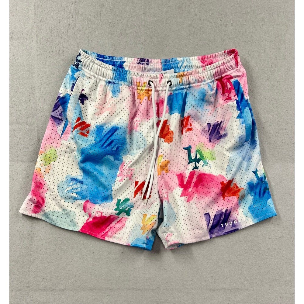 YoungLA Mens Mesh Gym Shorts Multicolor Watercolor Logo Print Size XL 5in